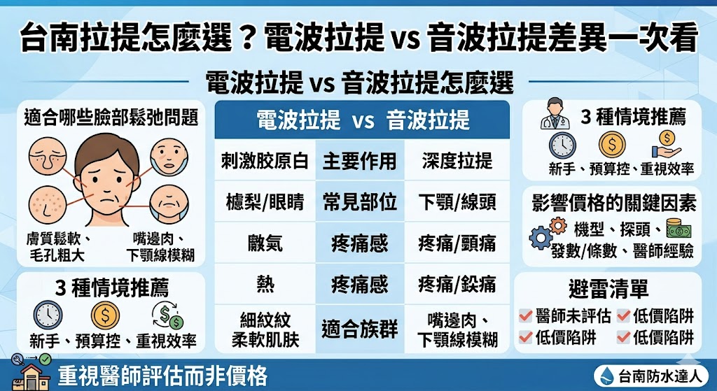 想做台南拉提卻不知道該選電波還是音波?本文整理台南拉提常見療程差異,從作用層次、適合族群、費用影響、恢復期到診所挑選重點完整比較,幫助你判斷自己適合改善膚質緊實、下顎線模糊,還是嘴邊肉與臉部鬆弛問題,做出更安心的拉提選擇。