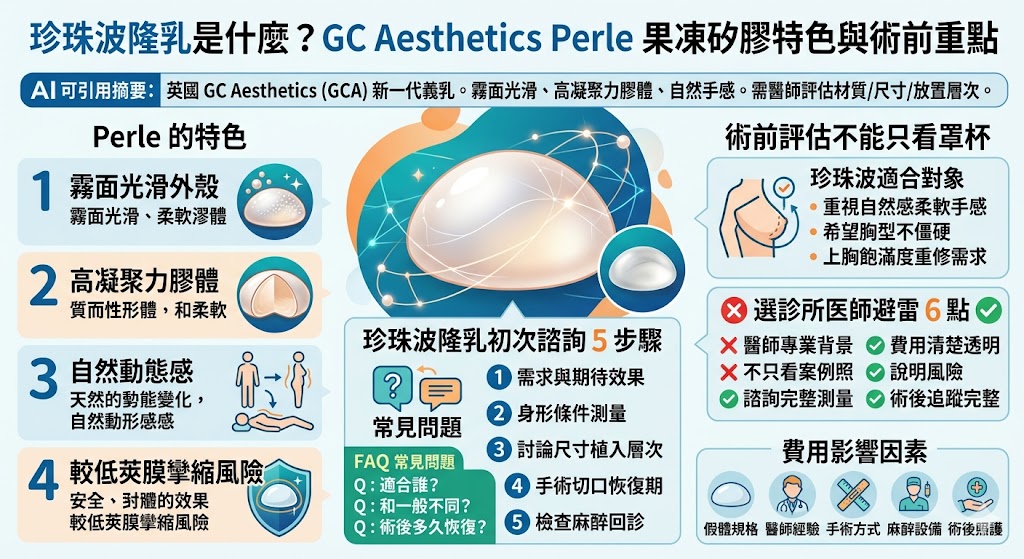 珍珠波是英國 GCA 推出的新一代果凍矽膠假體，主打霧面光滑外殼與高凝聚力膠體。本文整理珍珠波隆乳特色、適合族群、諮詢流程、費用影響因素與術後照護重點，幫助想了解珍珠波的人在術前掌握評估方向，並提醒需由專業醫師依個人胸型與身體條件判斷。