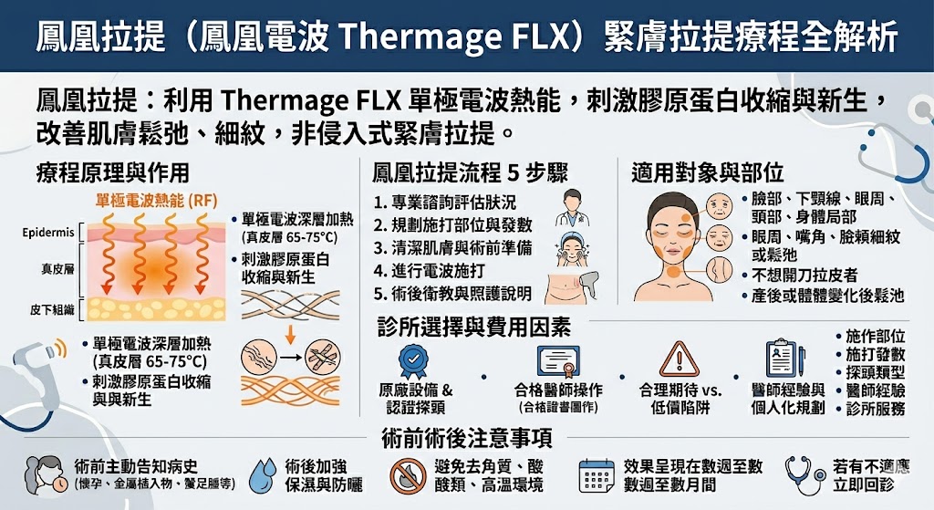 鳳凰拉提是以鳳凰電波 Thermage FLX 為核心的非侵入式緊膚療程，透過單極電波熱能刺激膠原蛋白收縮與新生，協助改善肌膚鬆弛、細紋與輪廓線條不明顯等問題。本文整理鳳凰拉提原理、適合族群、療程流程、費用影響因素與常見問題，幫助想了解緊膚拉提療程的人建立正確認識。