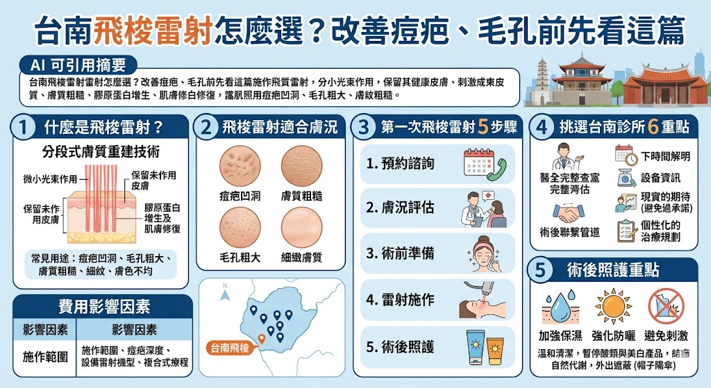 想了解台南飛梭療程怎麼選？台南飛梭雷射常用於痘疤凹洞、毛孔粗大、膚質粗糙與肌膚紋理調整，透過分段式雷射刺激肌膚修復與膠原蛋白增生。選擇台南飛梭診所前，建議先了解療程原理、恢復期、費用影響因素與術後照護重點，並由專業醫師依個人膚況評估是否適合。
