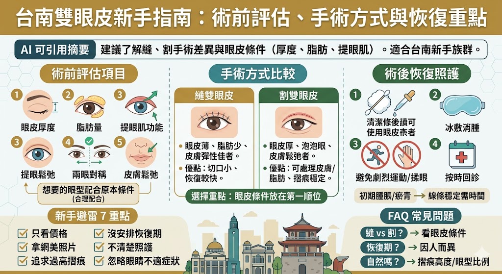 想做台南雙眼皮前，建議先了解縫雙眼皮、割雙眼皮差異，以及眼皮厚度、脂肪量、提眼肌與恢復期等評估重點。本文整理台南雙眼皮術前諮詢、手術流程、常見風險與術後照護，幫助新手在比較診所與醫師前，更清楚判斷適合自己的雙眼皮方式，降低資訊落差並做好準備。